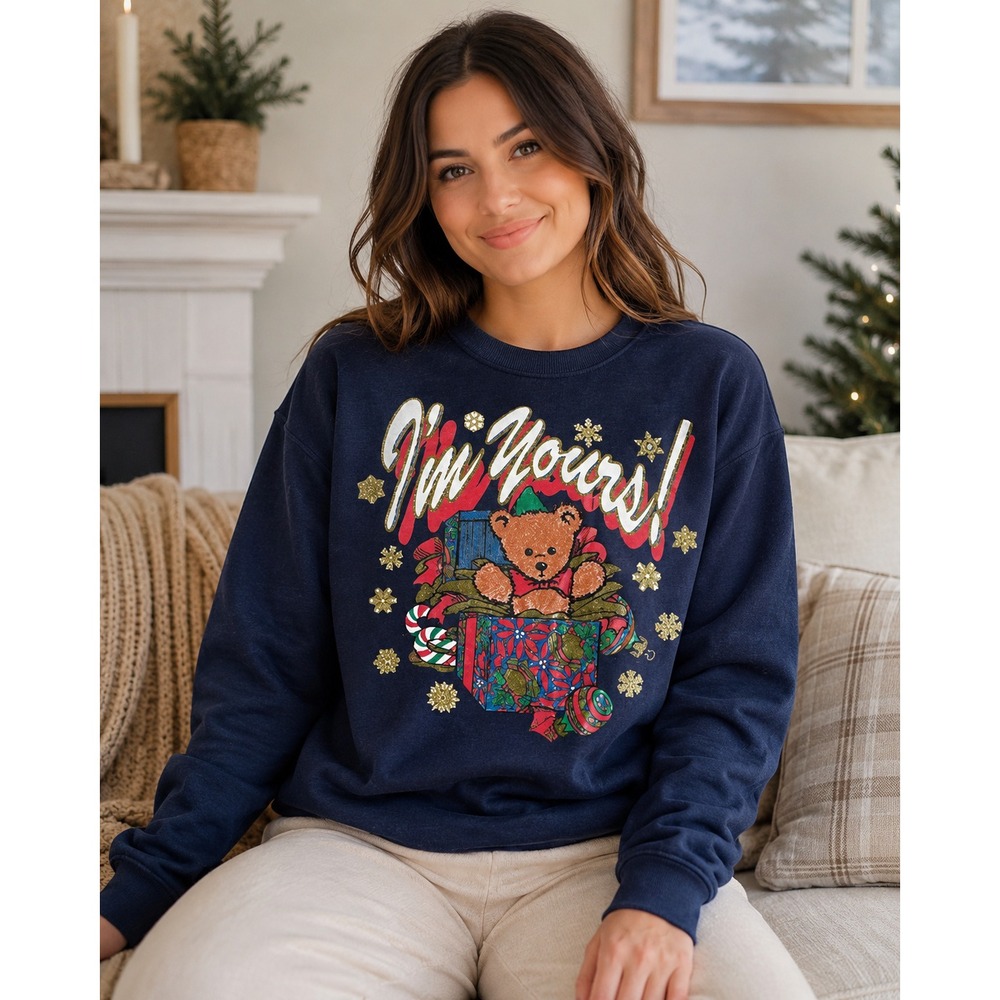 Tultex Sweatshirt Unisex L Navy Christmas Teddy Bear Graphic 90s Holiday Vintage